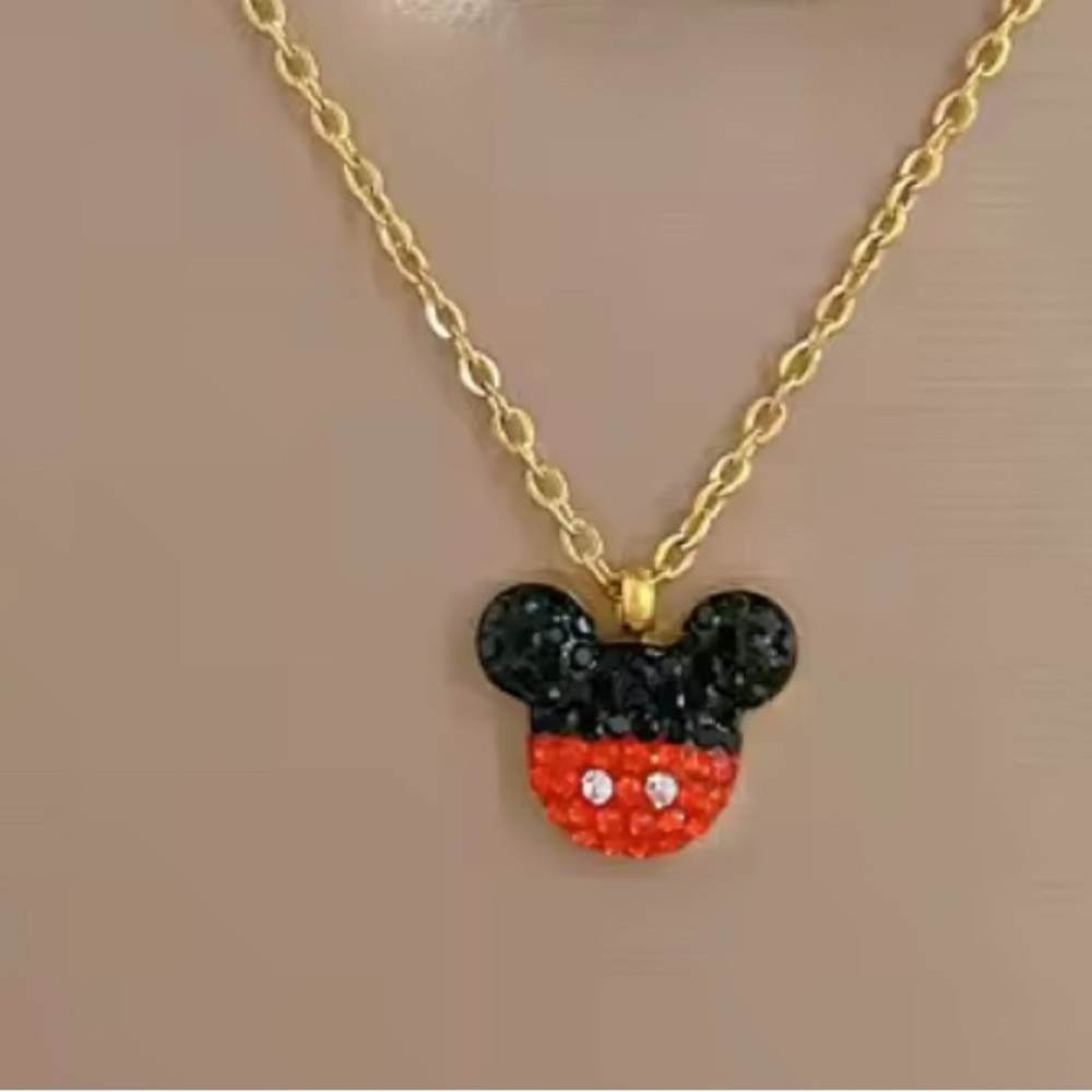 18K Gold Mickey Mouse Theme Black & Red Crystal Adorned Necklace No Fade